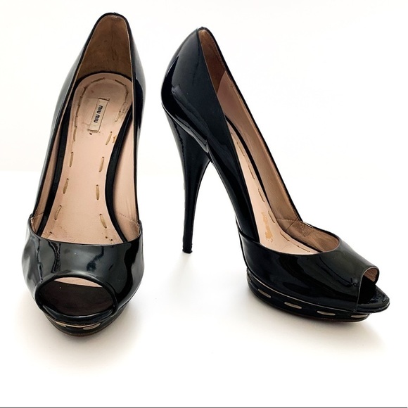 Miu Miu Patent Leather Peep-toe Black Heels 38 - Picture 14 of 14